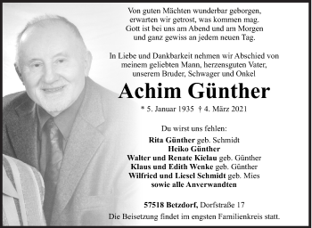 Traueranzeige von Achim Günther von Siegener Zeitung