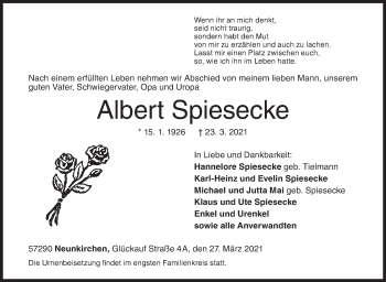 Traueranzeige von Albert Spiesecke von Siegener Zeitung