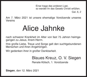 Traueranzeige von Alice Jahnke von Siegener Zeitung