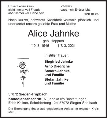 Traueranzeige von Alice Jahnke von Siegener Zeitung