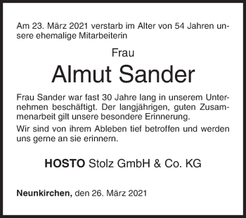 Traueranzeige von Almut Sander von Siegener Zeitung