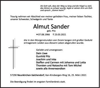 Traueranzeige von Almut Sander von Siegener Zeitung