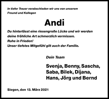 Traueranzeige von Andi  von Siegener Zeitung