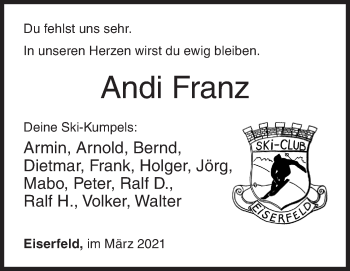 Traueranzeige von Andi Franz von Siegener Zeitung