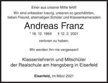 Traueranzeige von Andreas Franz von Siegener Zeitung