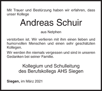 Traueranzeige von Andreas Schuir von Siegener Zeitung