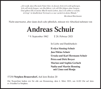 Traueranzeige von Andreas Schuir von Siegener Zeitung