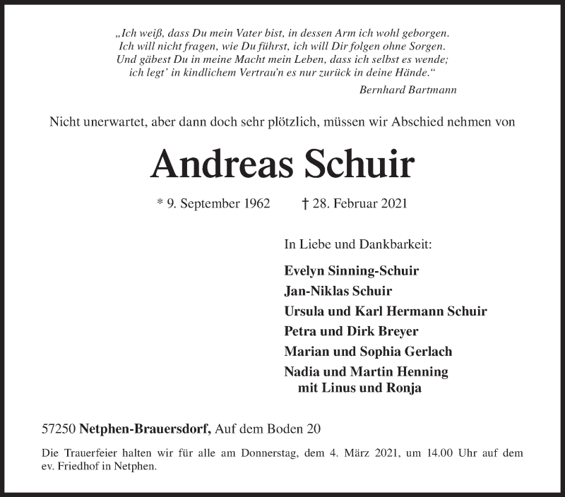  Traueranzeige für Andreas Schuir vom 03.03.2021 aus Siegener Zeitung