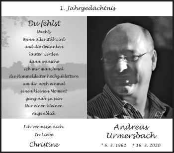 Traueranzeige von Andreas Urmersbach von Siegener Zeitung