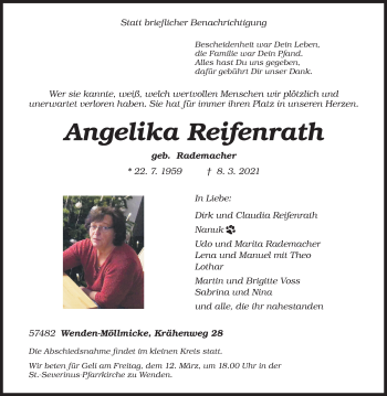 Traueranzeige von Angelika Reifenrath von Siegener Zeitung
