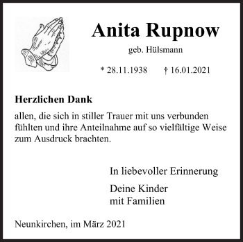 Traueranzeige von Anita Rupnow von Siegener Zeitung