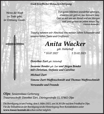 Traueranzeige von Anita Wacker von Siegener Zeitung