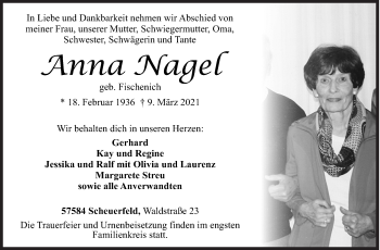 Traueranzeige von Anna Nagel von Siegener Zeitung