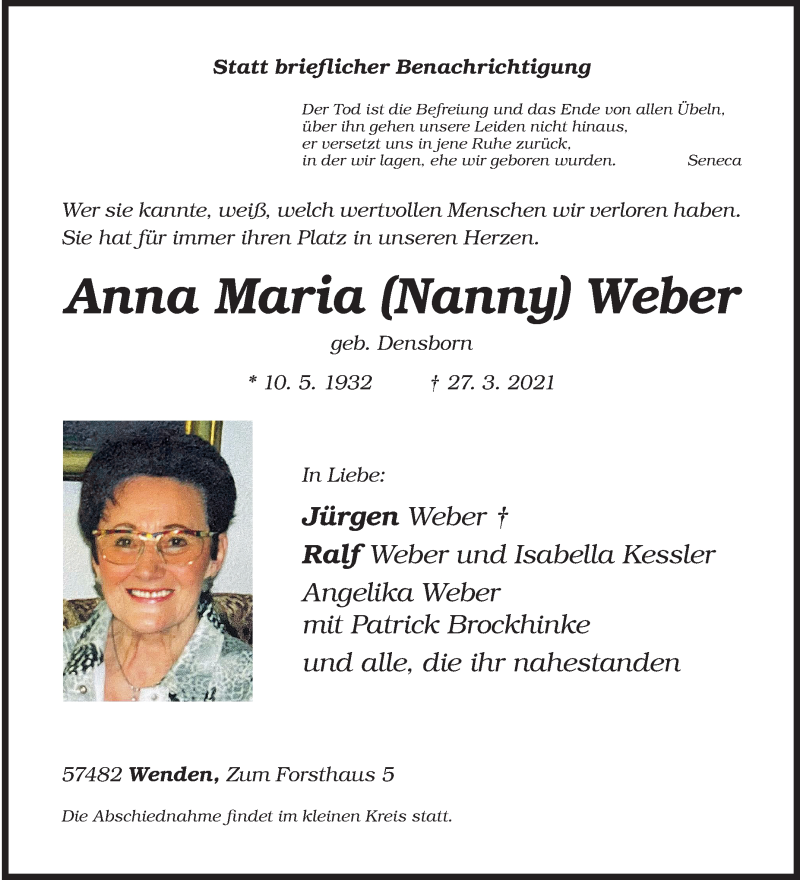  Traueranzeige für Anna Maria Weber vom 31.03.2021 aus Siegener Zeitung