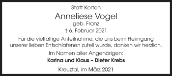 Traueranzeige von Anneliese Vogel von Siegener Zeitung