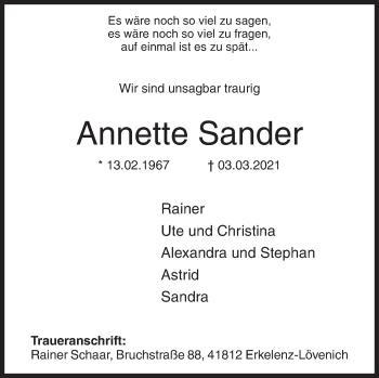 Traueranzeige von Annette Sander von Siegener Zeitung