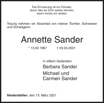 Traueranzeige von Annette Sander von Siegener Zeitung
