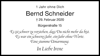 Traueranzeige von Bernd Schneider von Siegener Zeitung