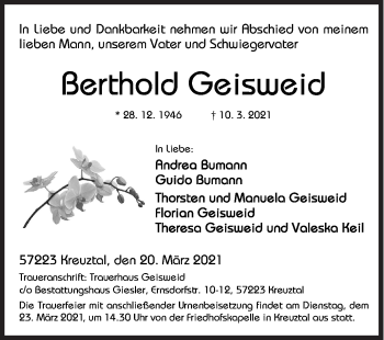 Traueranzeige von Berthold Geisweid von Siegener Zeitung