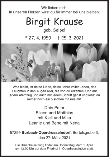 Traueranzeige von Birgit Krause von Siegener Zeitung