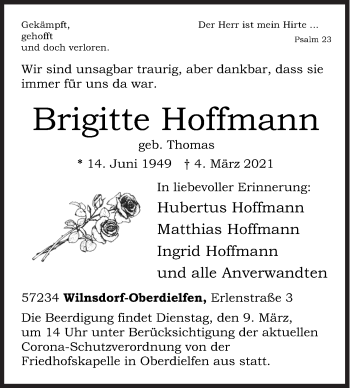 Traueranzeige von Brigitte Hoffmann von Siegener Zeitung