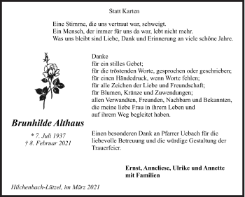 Traueranzeige von Brunhilde Althaus von Siegener Zeitung