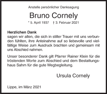 Traueranzeige von Bruno Cornely von Siegener Zeitung