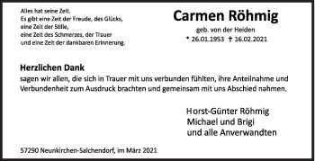 Traueranzeige von Carmen Röhmig von Siegener Zeitung
