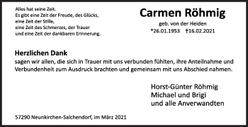 Traueranzeige von Carmen Röhmig von Siegener Zeitung