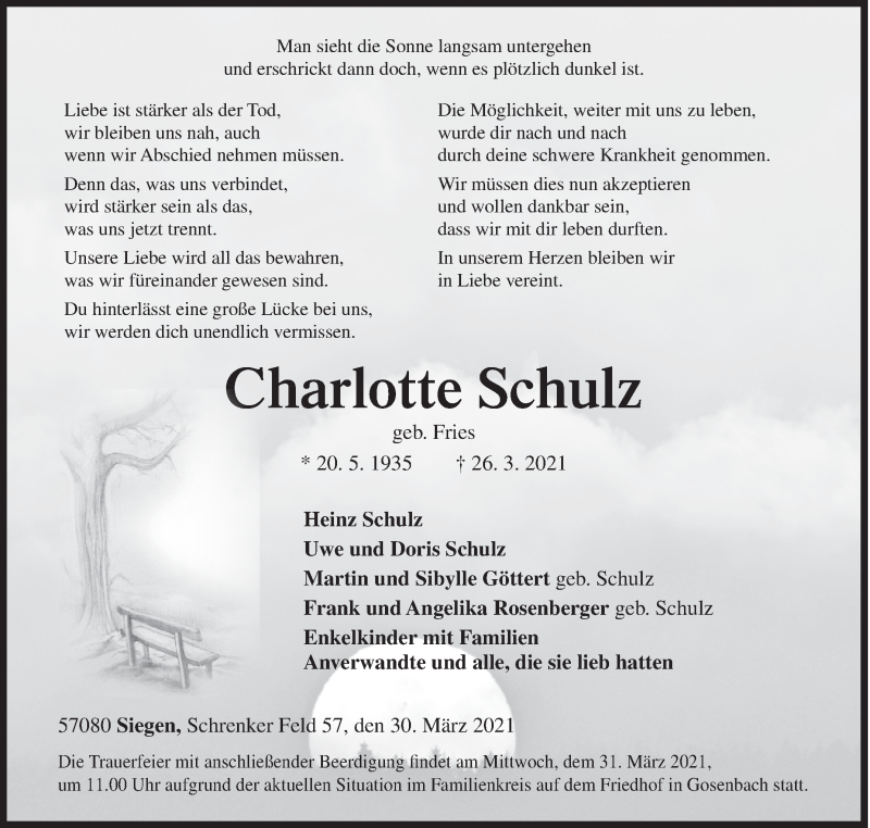  Traueranzeige für Charlotte Schulz vom 30.03.2021 aus Siegener Zeitung