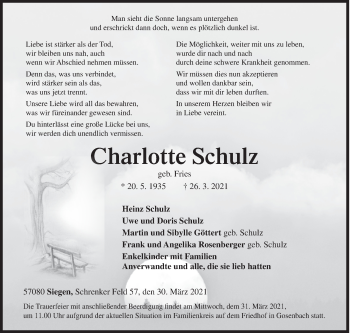Traueranzeige von Charlotte Schulz von Siegener Zeitung