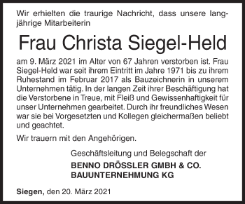 Traueranzeige von Christa Siegel-Held von Siegener Zeitung