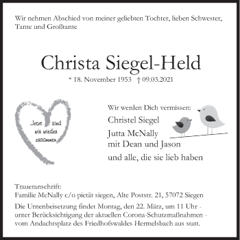 Traueranzeige von Christa Siegel-Held von Siegener Zeitung