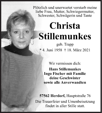 Traueranzeige von Christa Stillemunkes von Siegener Zeitung