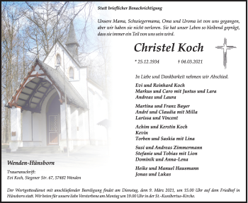 Traueranzeige von Christel Koch von Siegener Zeitung