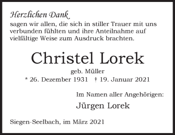 Traueranzeige von Christel Lorek von Siegener Zeitung
