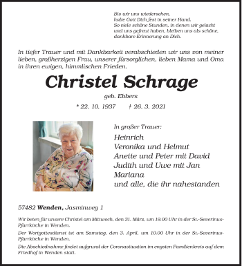 Traueranzeige von Christel Schrage von Siegener Zeitung