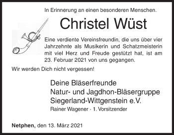 Traueranzeige von Christel Wüst von Siegener Zeitung