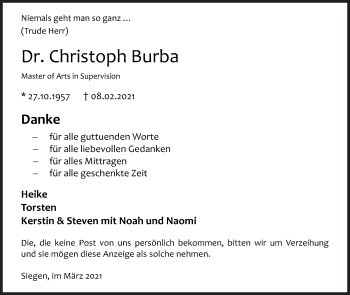 Traueranzeige von Christoph Burba von Siegener Zeitung