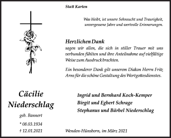 Traueranzeige von Cäcilie Niederschlag von Siegener Zeitung