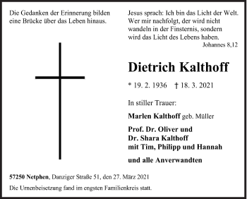 Traueranzeige von Dietrich Kalthoff von Siegener Zeitung