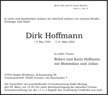 Traueranzeige von Dirk Hoffmann von Siegener Zeitung