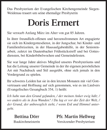 Traueranzeige von Doris Ermert von Siegener Zeitung