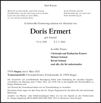 Traueranzeige von Doris Ermert von Siegener Zeitung