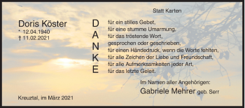Traueranzeige von Doris Köster von Siegener Zeitung