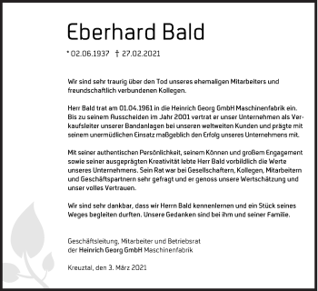 Traueranzeige von Eberhard Bald von Siegener Zeitung