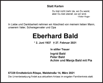 Traueranzeige von Eberhard Bald von Siegener Zeitung
