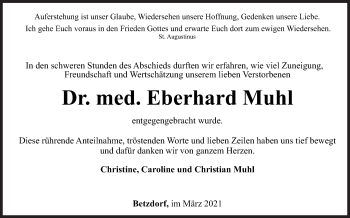 Traueranzeige von Eberhard Muhl von Siegener Zeitung
