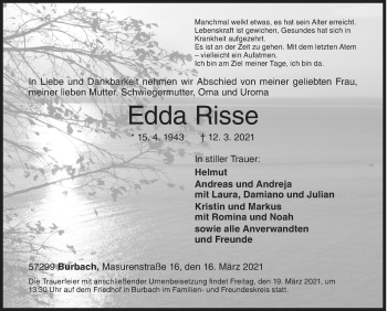Traueranzeige von Edda Risse von Siegener Zeitung