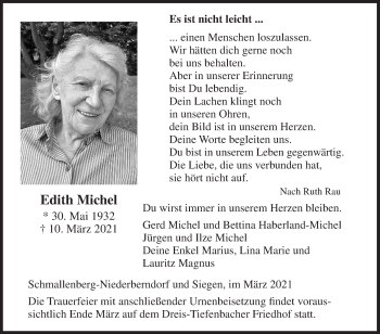Traueranzeige von Edith Michel von Siegener Zeitung